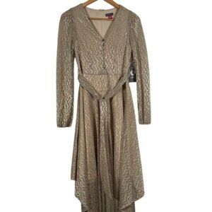 NWT Vince Camuto Metallic Long Sleeve Belted Midi Dress Gold Sparkle - XS
